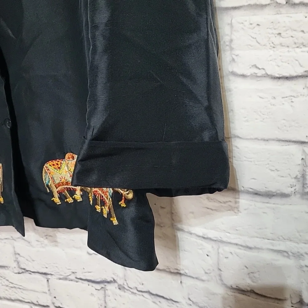 SILKLAND 100% Silk Black Jacket Button Up Embroidered Elephants Size‎ 16 Women's